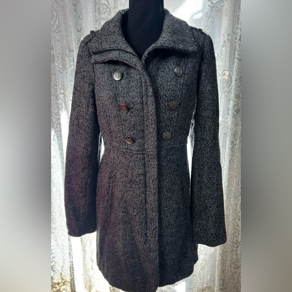 Guess Women’s Size Small Wool Blend Zip Up Long Peacoat Jacket Tweed - Picture 10 of 10